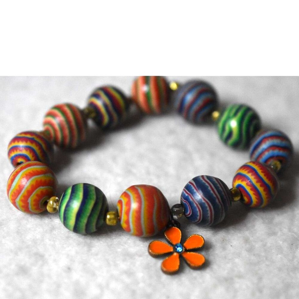 Vintage Boho Flower Power Colorful Acylic Beaded 6" Stretch Bracelet